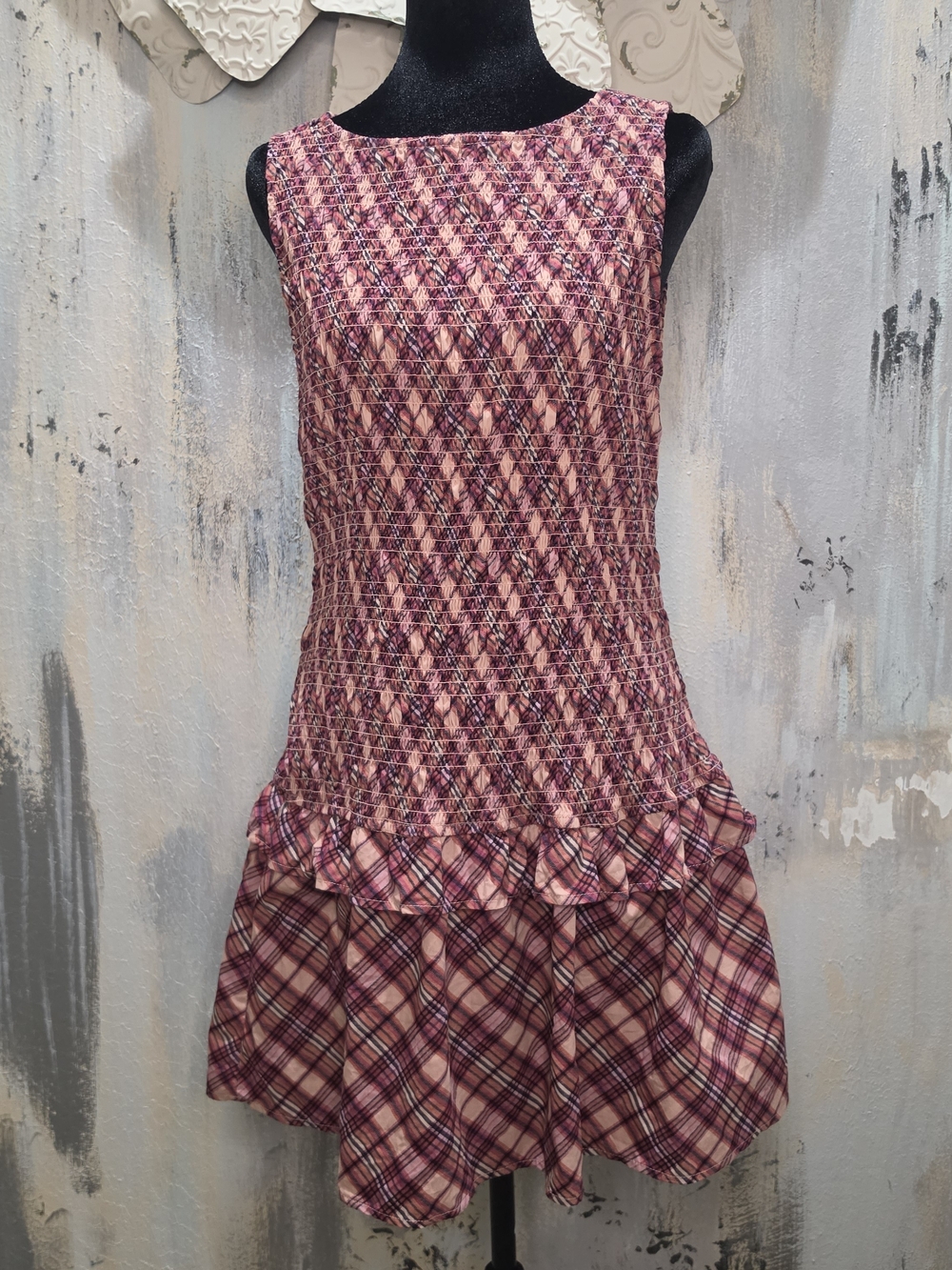 wild fable Pink Plaid Sleeveless Smocked Drop-Waist Mini Dress